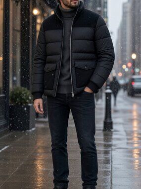 Michael Kors Men Black Mixed-Media Quilted Puffer Eco-Down Full-Zip Jacket US XL